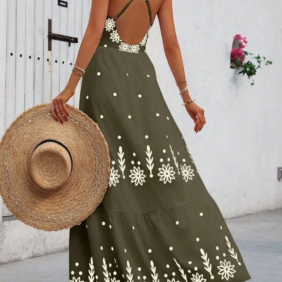 Multicolor Boho Women's Long Floral Print Spaghetti Strap Maxi Dress - Picture 2 of 6